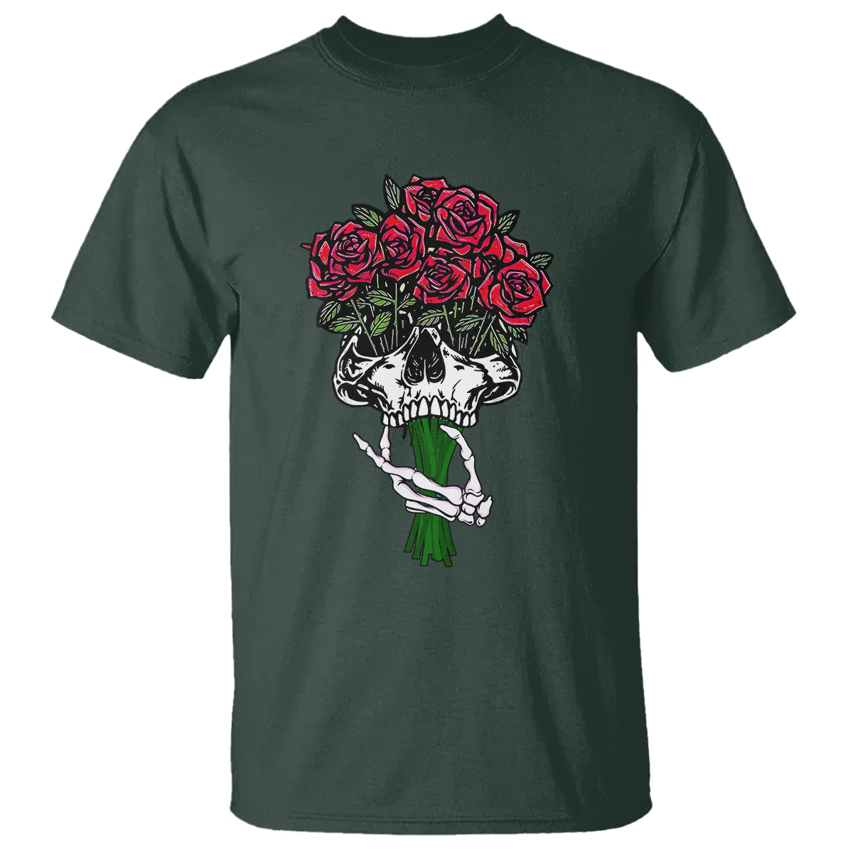 Skeleton Hand Red Rose Flowers Skull T Shirt - Wonder Print Shop
