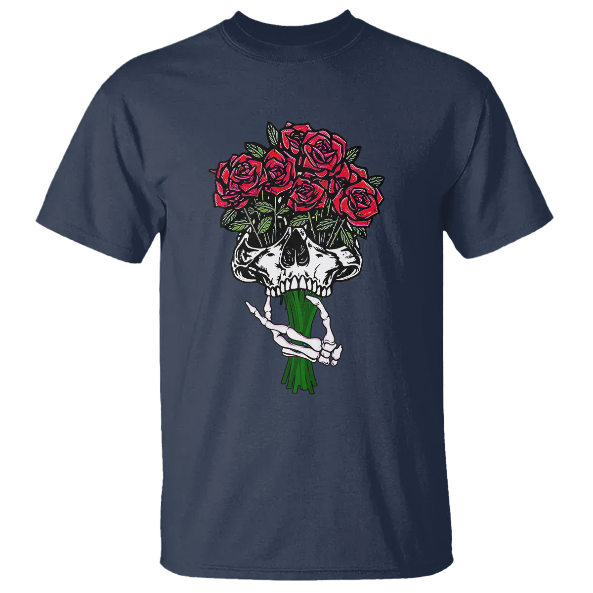 Skeleton Hand Red Rose Flowers Skull T Shirt - Wonder Print Shop