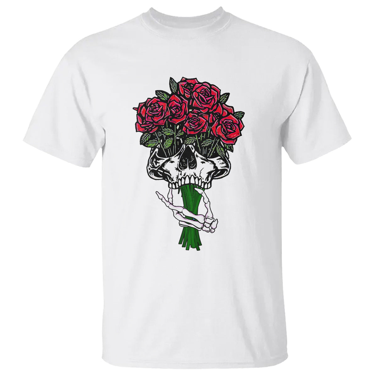 Skeleton Hand Red Rose Flowers Skull T Shirt - Wonder Print Shop