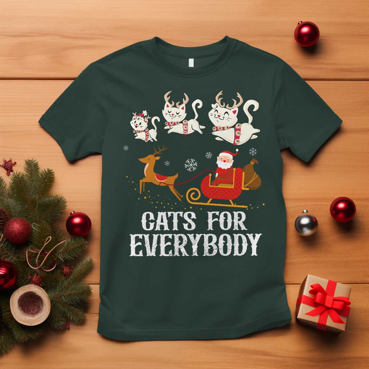 Christmas T Shirt Cats For Everybody Santa Cat Reindeer Xmas - Wonder Print Shop