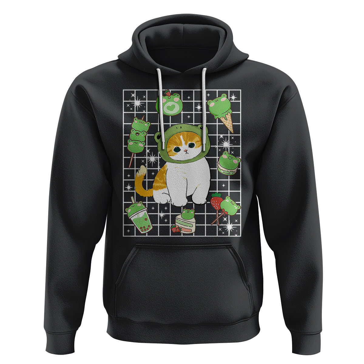 Kawaii Frog Cat in Frog Hat Retro 90s Cottagecore Aesthetic Hoodie - Wonder Print Shop
