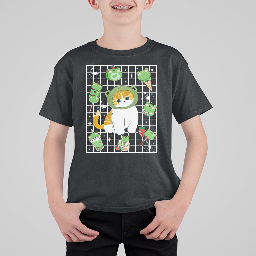 Kawaii Frog Cat in Frog Hat Retro 90s Cottagecore Aesthetic T Shirt For Kid - Wonder Print Shop