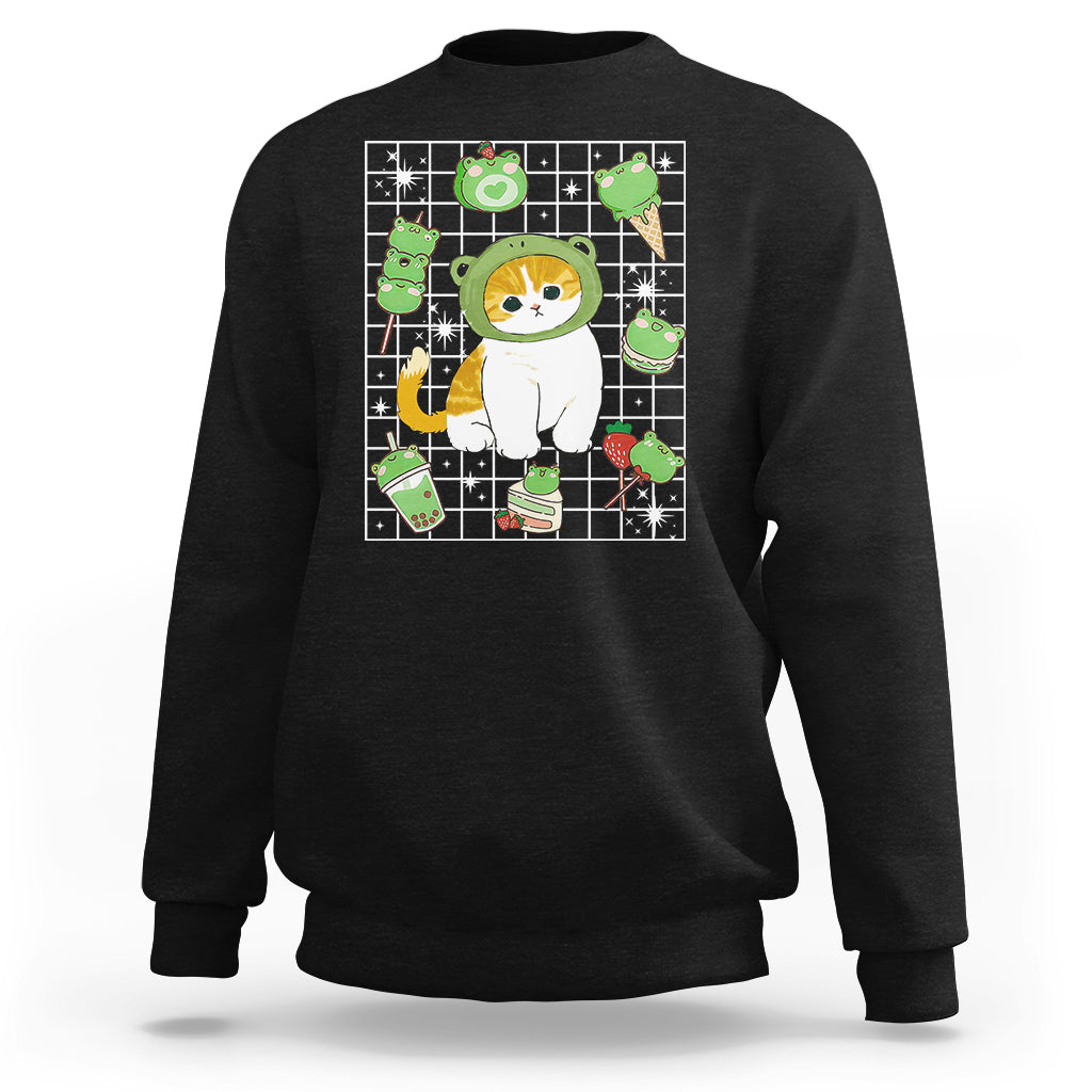 Kawaii Frog Cat in Frog Hat Retro 90s Cottagecore Aesthetic Sweatshirt - Wonder Print Shop