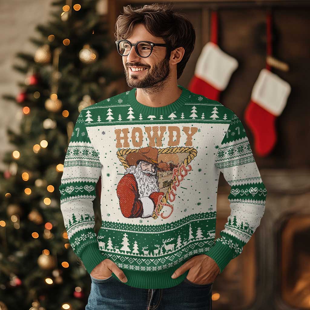 Xmas Cowboy Santa Ugly Christmas Sweater Howdy Santa Vintage Western - Wonder Print Shop