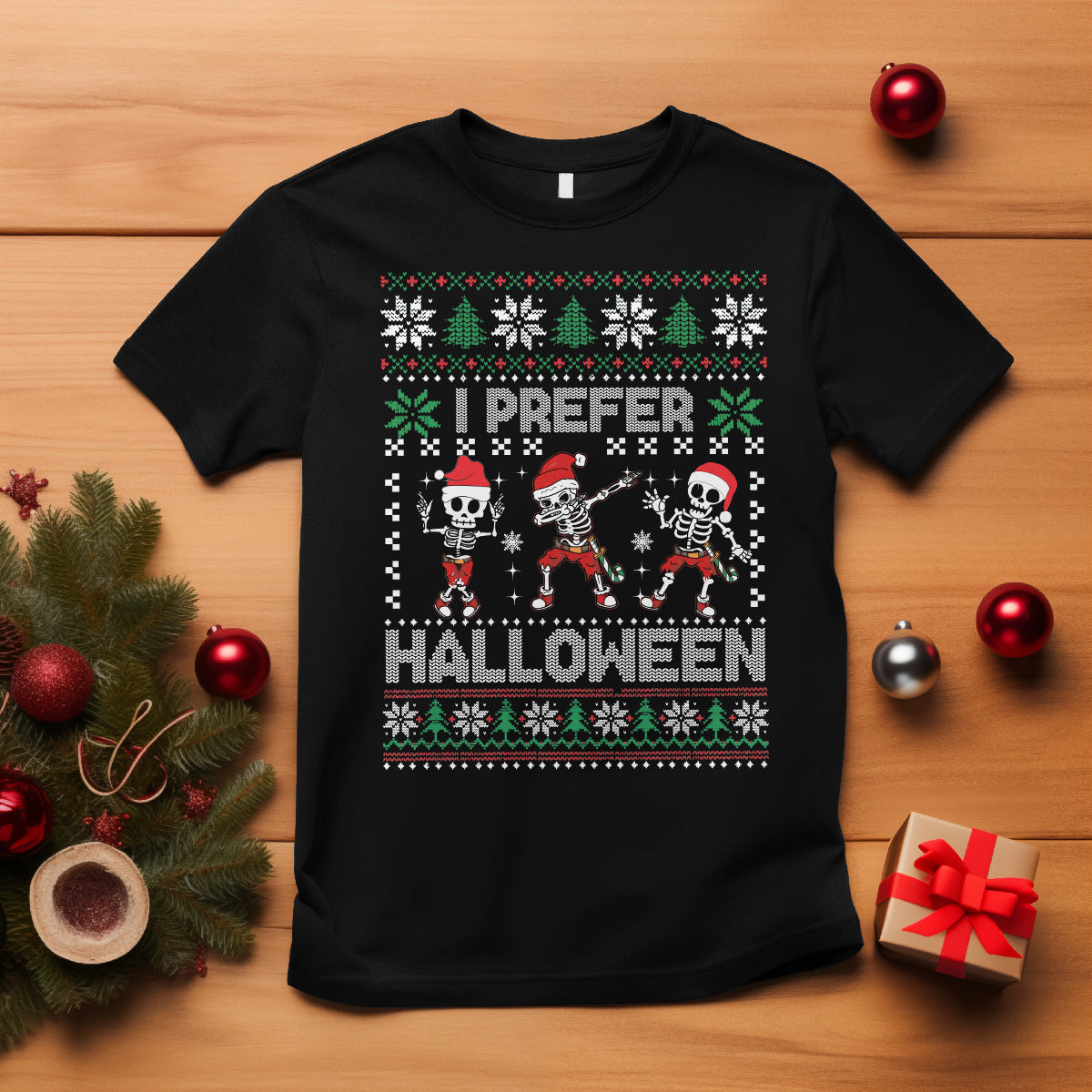 Christmas T Shirt I Prefer Halloween Cool Santa Skeleton Dancing - Wonder Print Shop