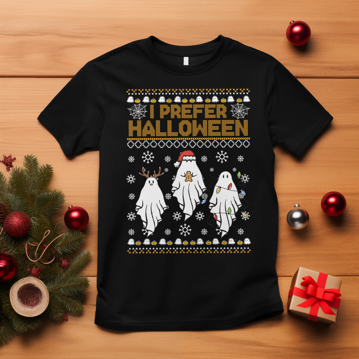 Christmas T Shirt I Prefer Halloween Cute Santa Ghost Boo Skeleton - Wonder Print Shop