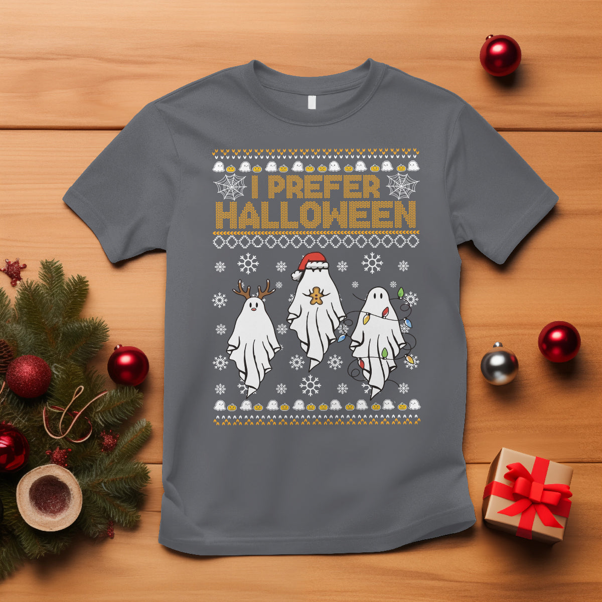 Christmas T Shirt I Prefer Halloween Cute Santa Ghost Boo Skeleton - Wonder Print Shop