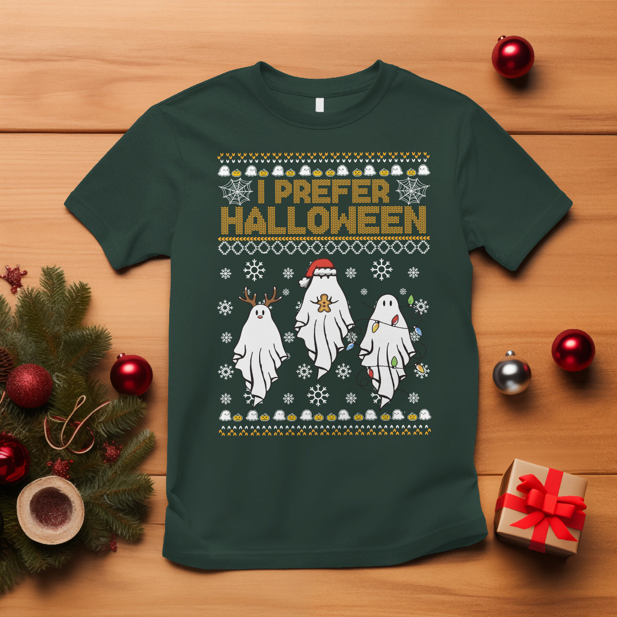 Christmas T Shirt I Prefer Halloween Cute Santa Ghost Boo Skeleton - Wonder Print Shop