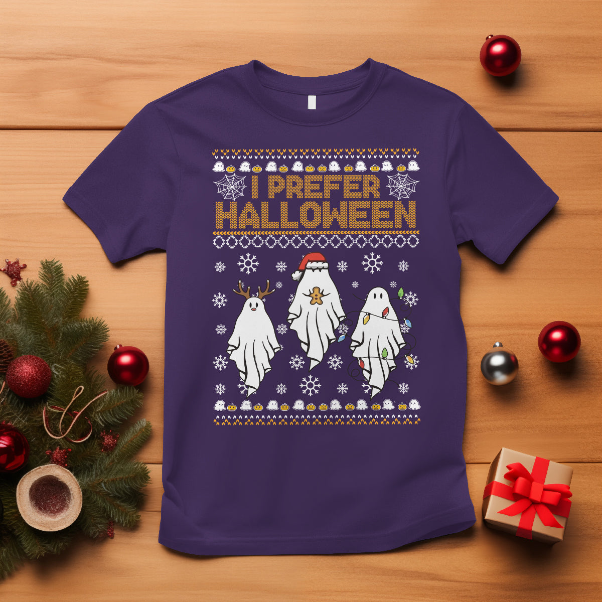 Christmas T Shirt I Prefer Halloween Cute Santa Ghost Boo Skeleton - Wonder Print Shop