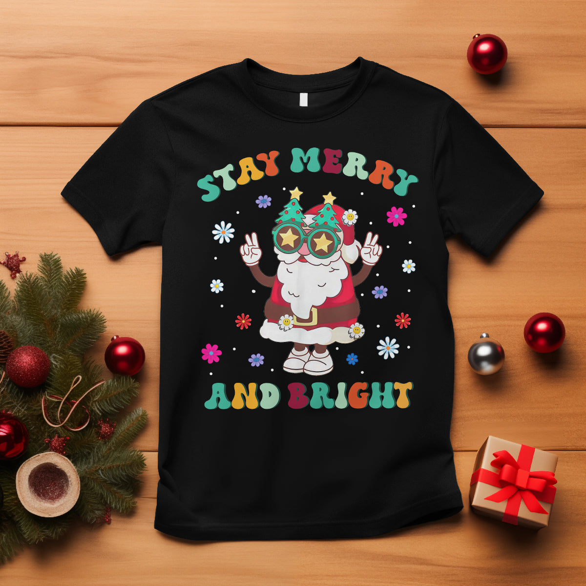Stay Marry and bright Groovy Christmas Hippie Santa Clause T Shirt - Wonder Print Shop