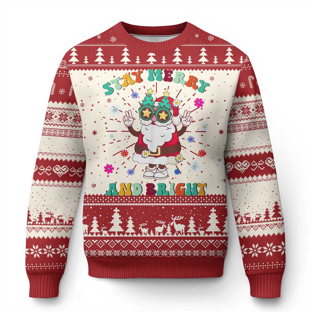 Stay Marry And Bright Groovy Christmas Hippie Santa Ugly Christmas Sweater - Wonder Print Shop