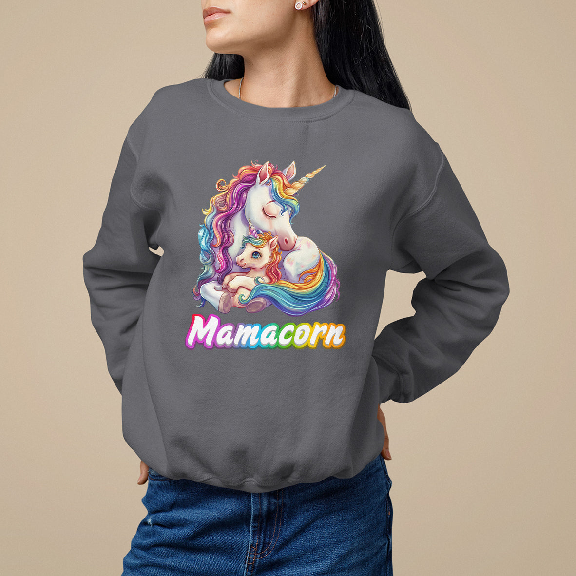 Mother's Day Sweatshirt Mamacorn Cute Rainbow Unicorn - Wonder Print Shop