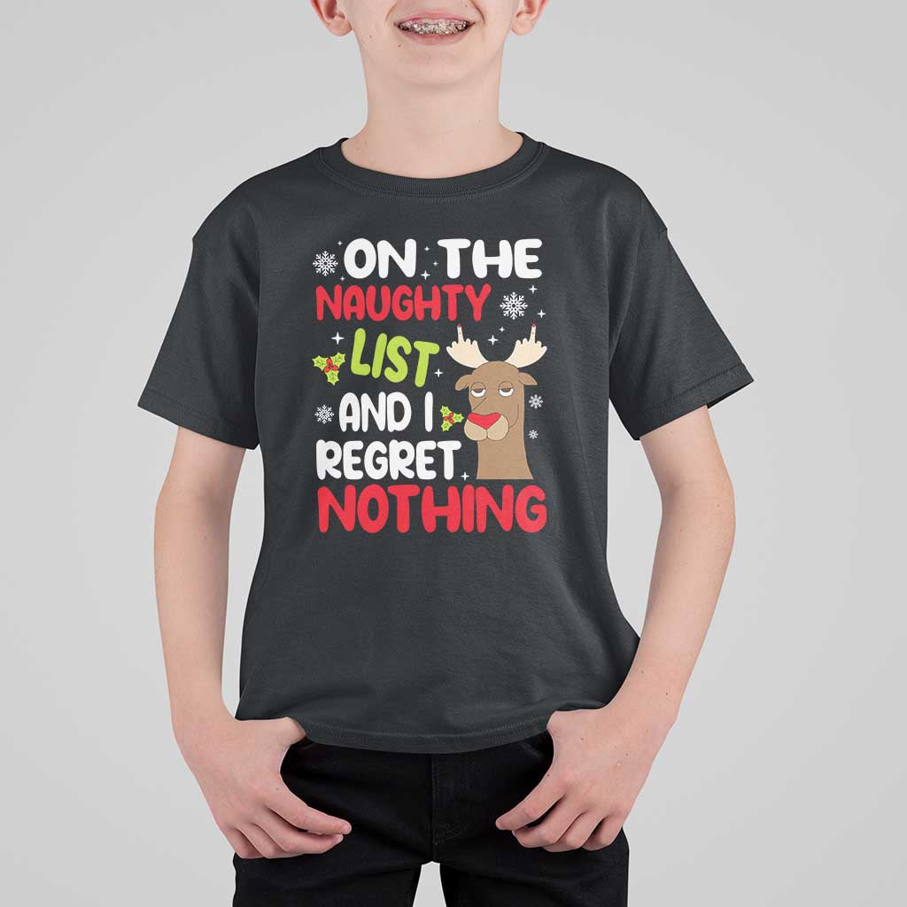 Funny Christmas T Shirt For Kid On The List Of Naughty And I Regret Nothing Reindeer - Wonder Print Shop