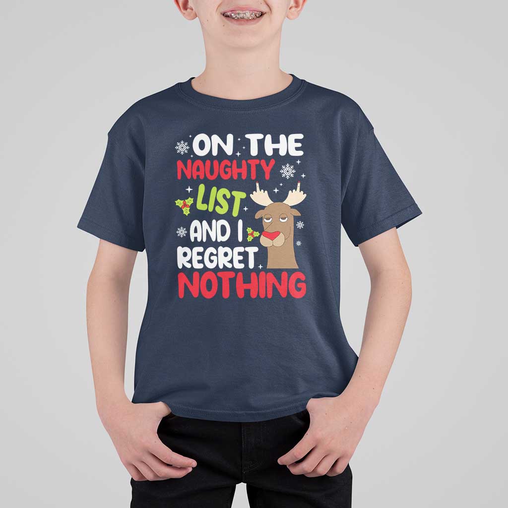 Funny Christmas T Shirt For Kid On The List Of Naughty And I Regret Nothing Reindeer - Wonder Print Shop