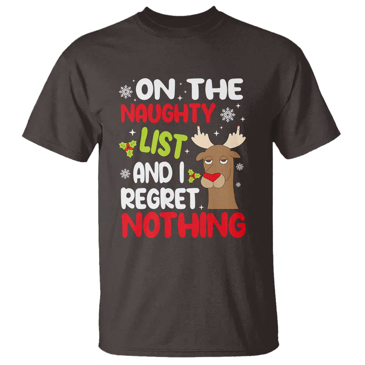 Funny Christmas T Shirt On The List Of Naughty And I Regret Nothing Reindeer - Wonder Print Shop