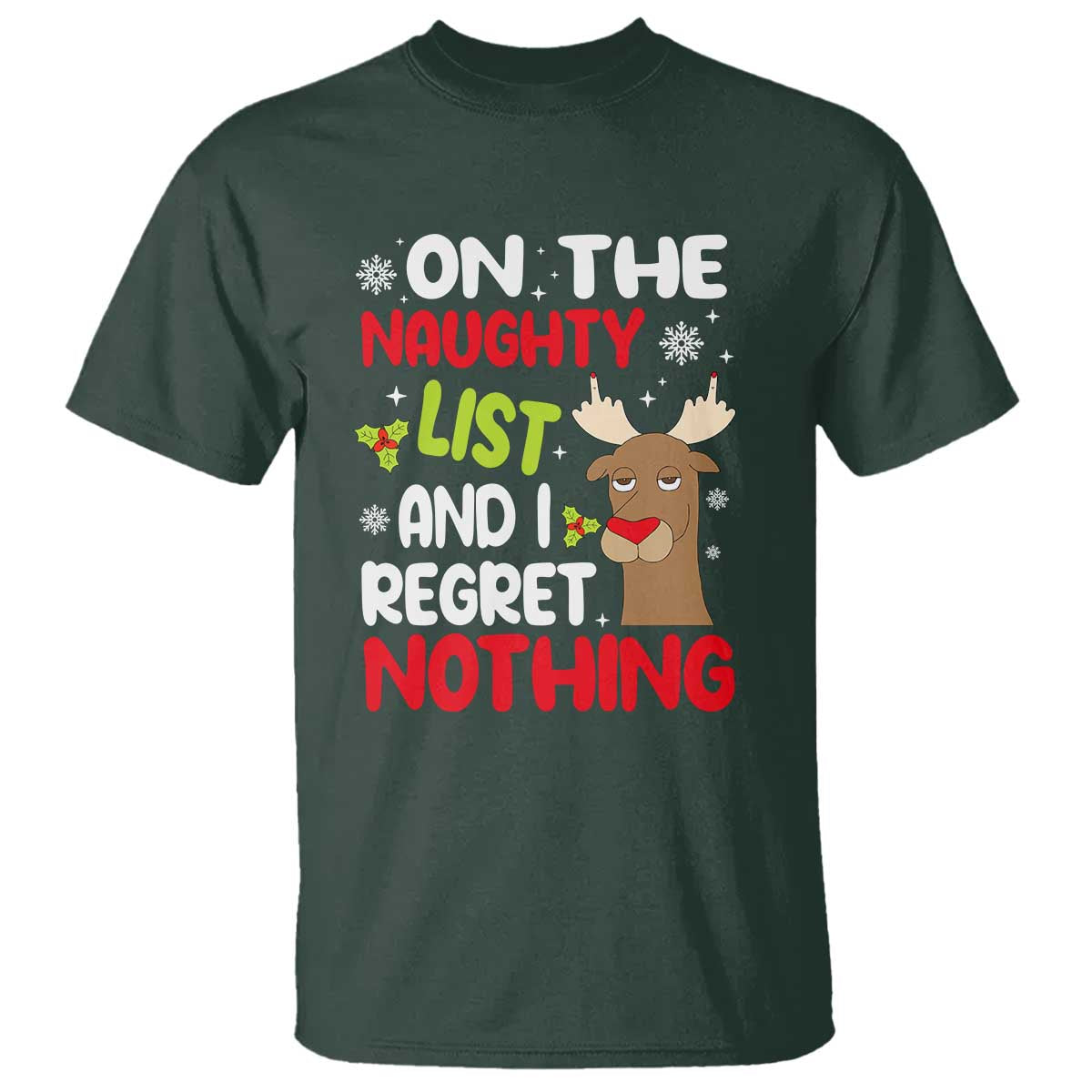 Funny Christmas T Shirt On The List Of Naughty And I Regret Nothing Reindeer - Wonder Print Shop