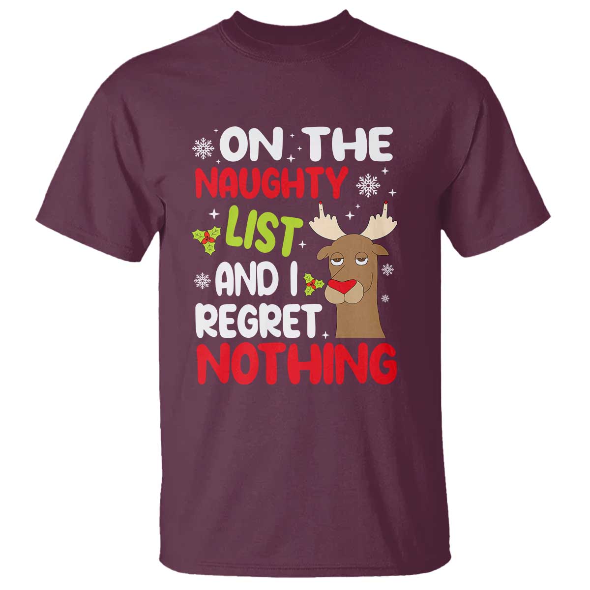 Funny Christmas T Shirt On The List Of Naughty And I Regret Nothing Reindeer - Wonder Print Shop