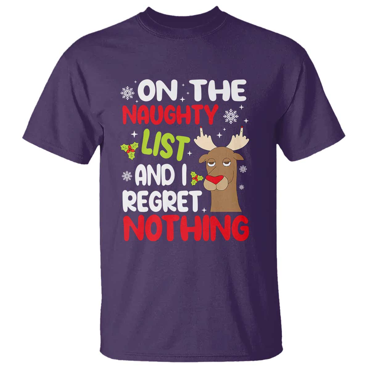 Funny Christmas T Shirt On The List Of Naughty And I Regret Nothing Reindeer - Wonder Print Shop