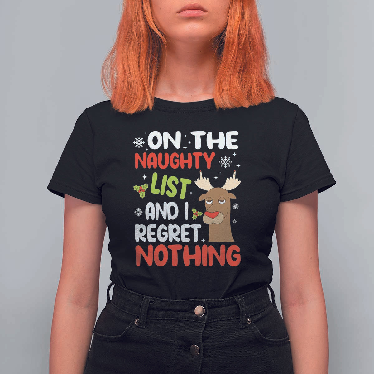 Funny Christmas T Shirt For Women On The List Of Naughty And I Regret Nothing Reindeer - Wonder Print Shop