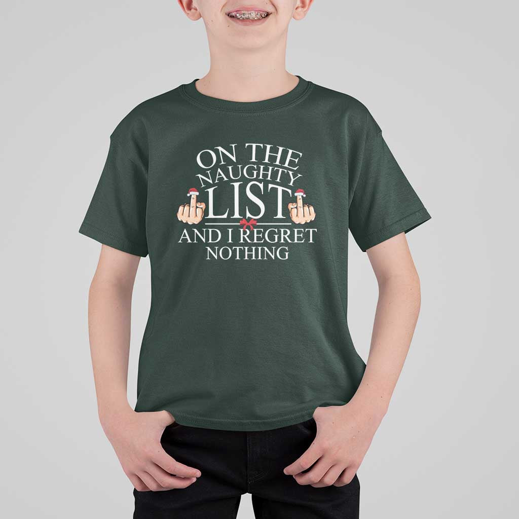 Funny Christmas T Shirt For Kid On The List Of Naughty And I Regret Nothing Middle Finger - Wonder Print Shop