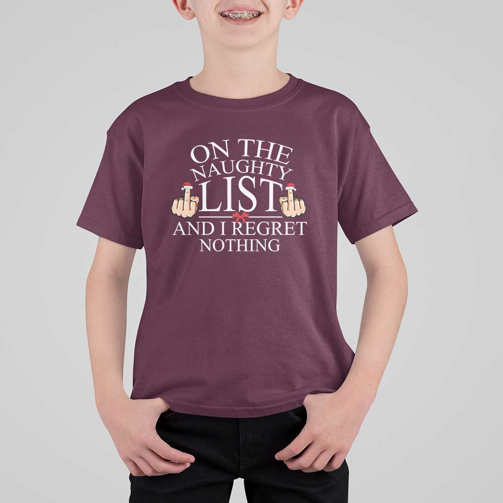 Funny Christmas T Shirt For Kid On The List Of Naughty And I Regret Nothing Middle Finger - Wonder Print Shop