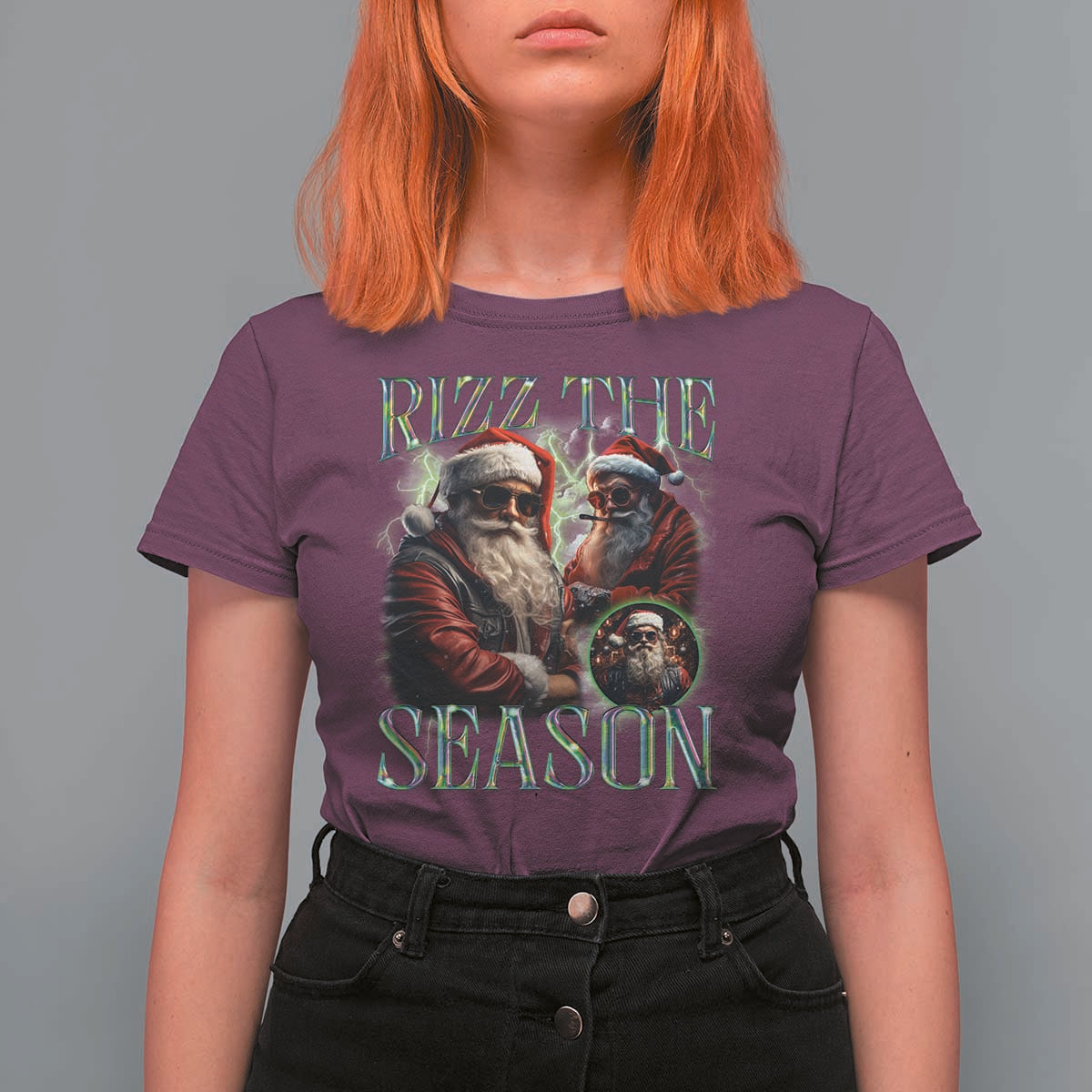 Funny Christmas Santa T Shirt For Women Rizz The Season Cool Santa - Wonder Print Shop