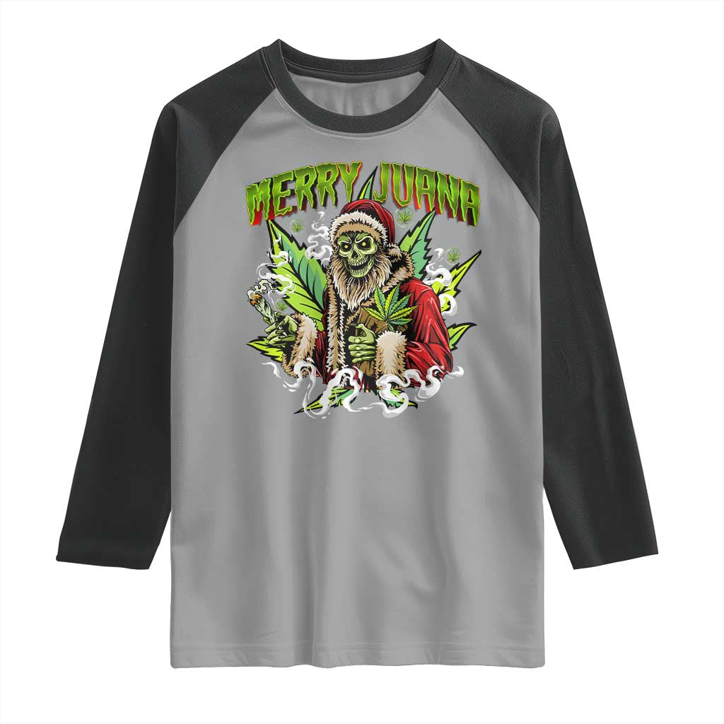 Funny Weed Christmas Raglan Shirt Merry Juana Santa Skeleton 420