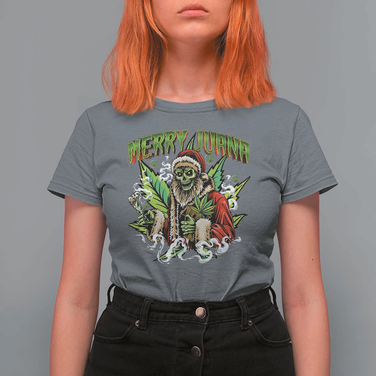 Funny Weed Christmas T Shirt For Women Merry Juana Santa Skeleton 420 - Wonder Print Shop