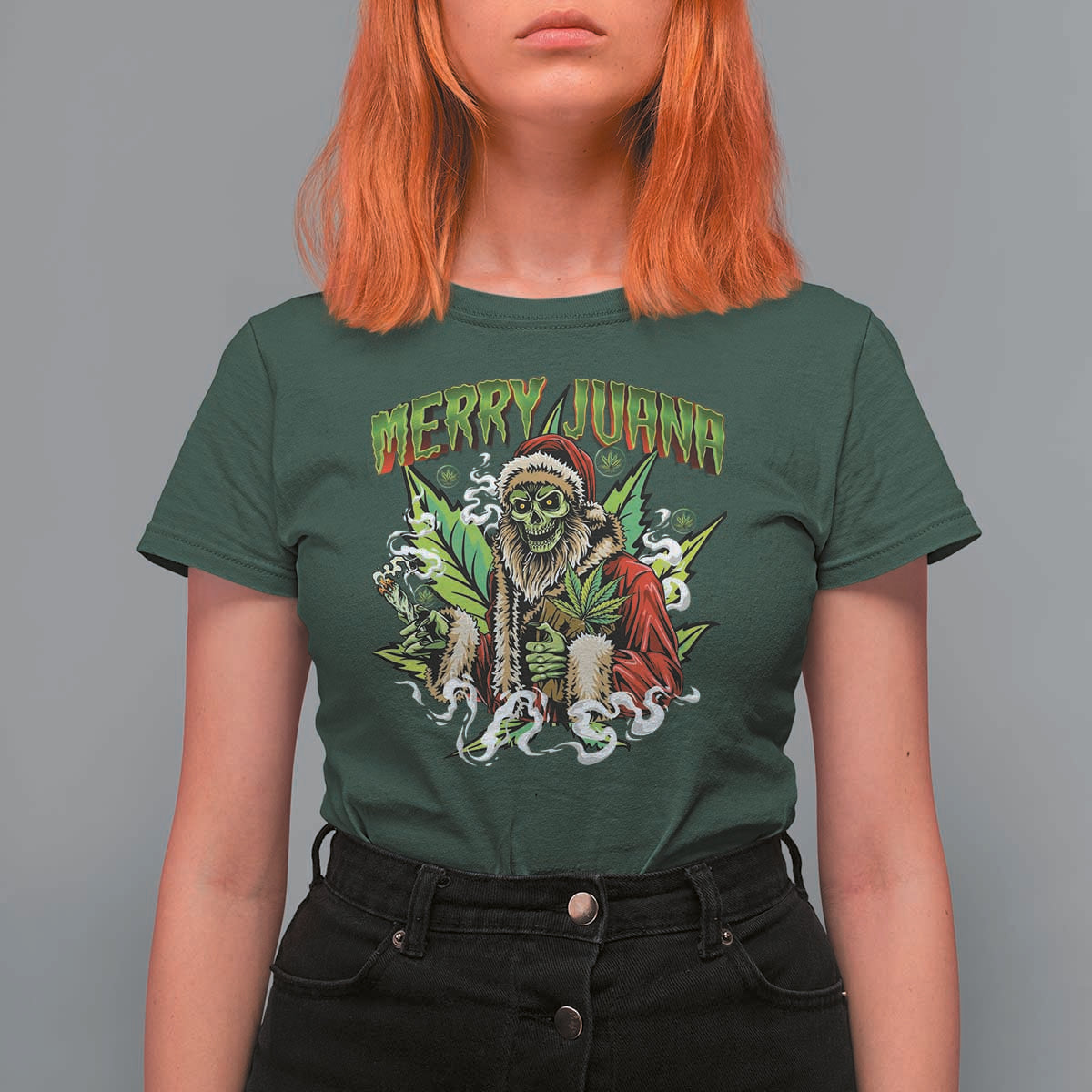 Funny Weed Christmas T Shirt For Women Merry Juana Santa Skeleton 420 - Wonder Print Shop