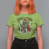Funny Weed Christmas T Shirt For Women Merry Juana Santa Skeleton 420 - Wonder Print Shop