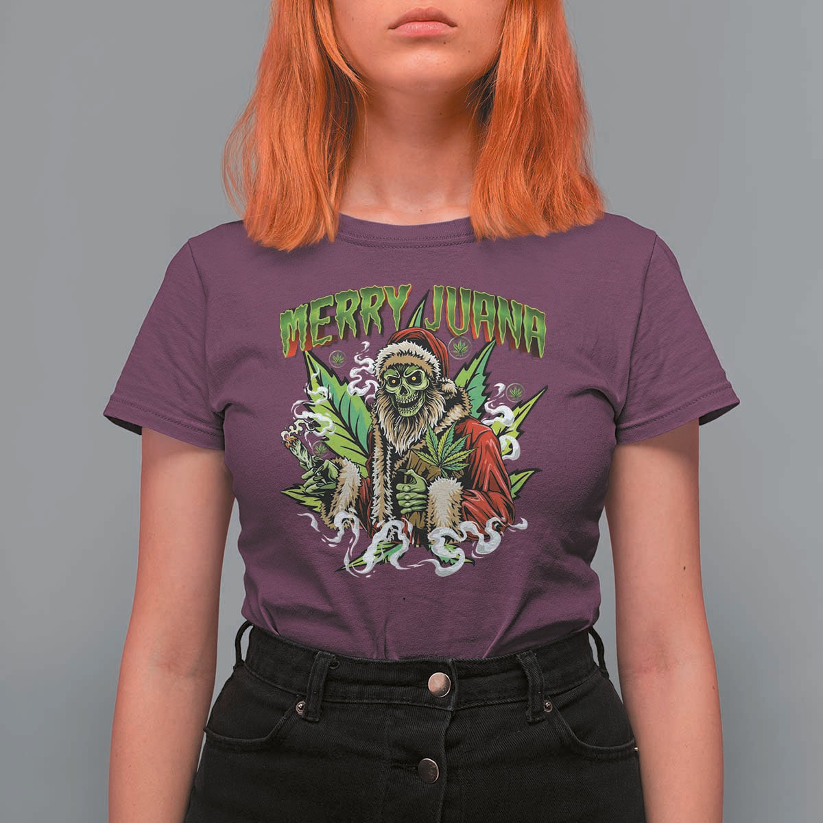 Funny Weed Christmas T Shirt For Women Merry Juana Santa Skeleton 420 - Wonder Print Shop