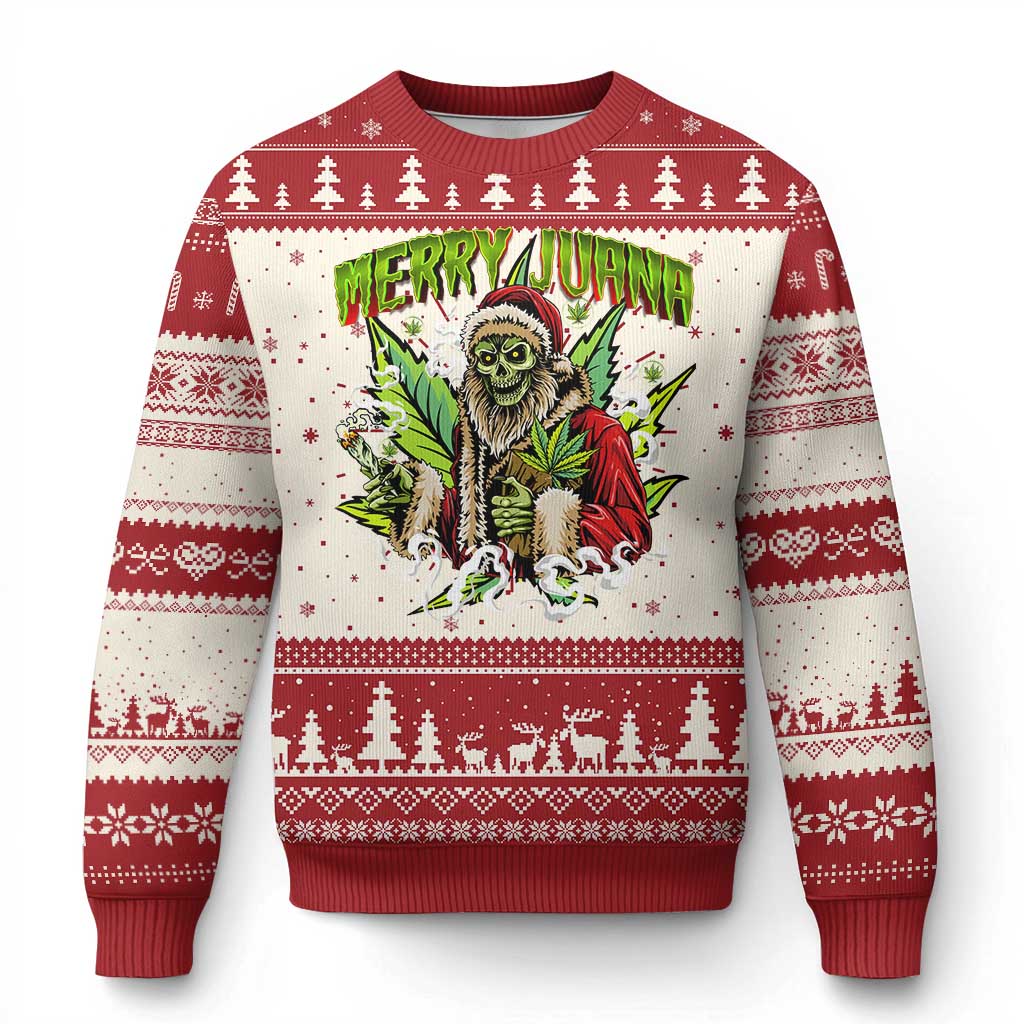 Funny Weed Xmas Ugly Christmas Sweater Merry Juana Santa Skeleton 420 - Wonder Print Shop