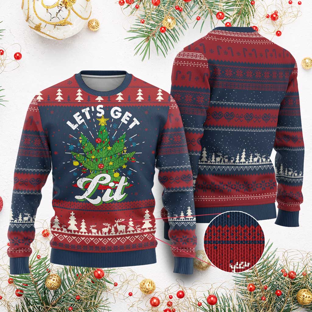 Funny Weed Xmas Ugly Christmas Sweater Let's Get Lit Christmas Tree Cannabis - Wonder Print Shop