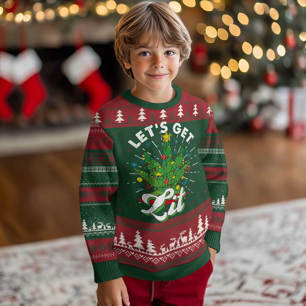 Funny Weed Xmas Ugly Christmas Sweater Let's Get Lit Christmas Tree Cannabis - Wonder Print Shop
