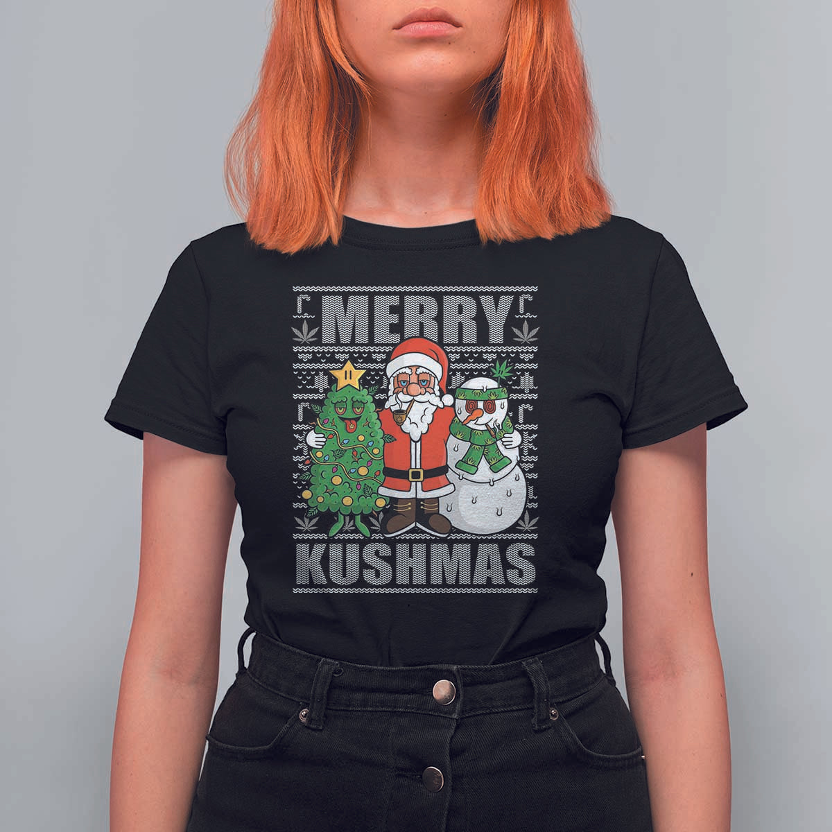 Funny Weed Christmas T Shirt For Women Merry Kushmas Naughty Santa Snowman Cannabis 420 - Wonder Print Shop