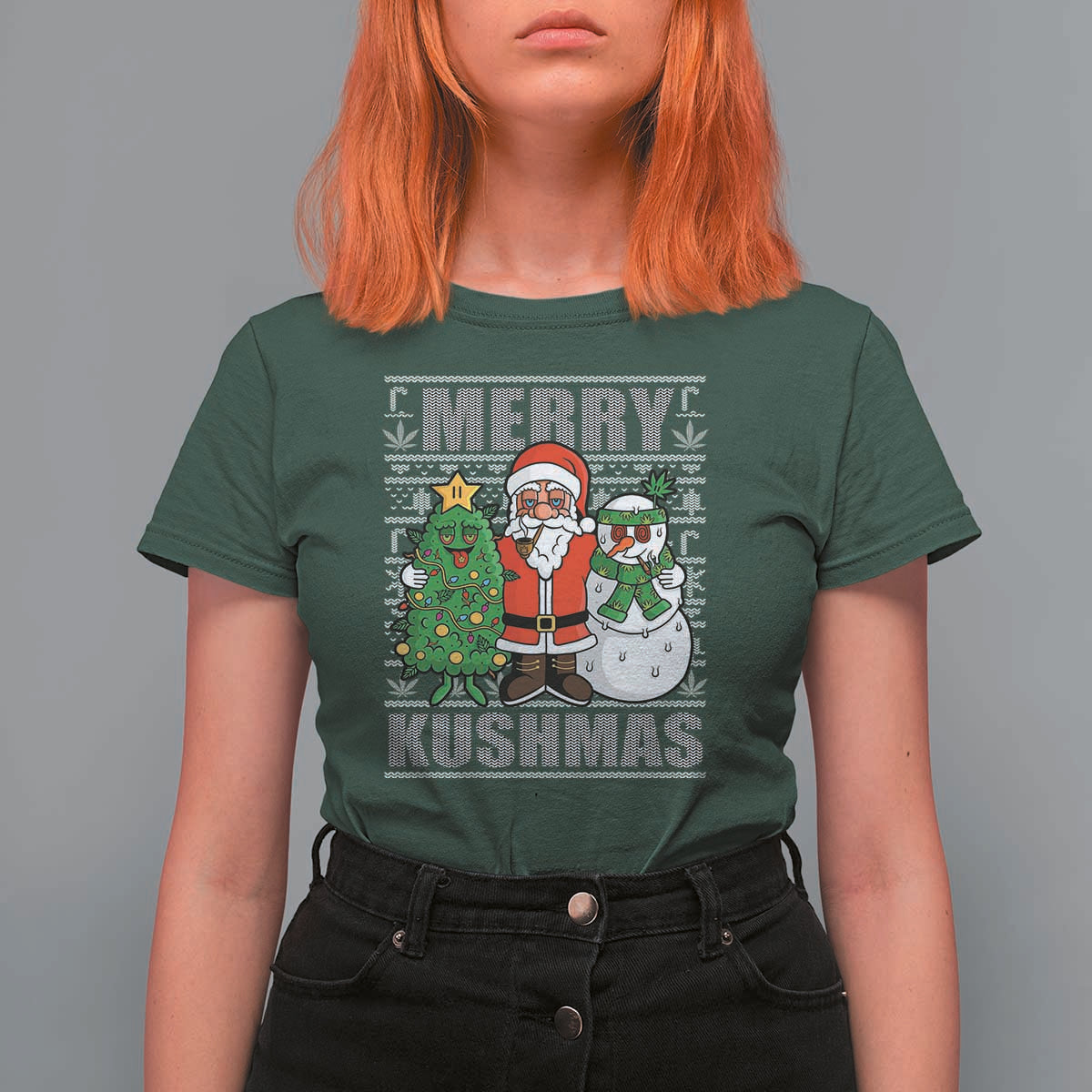 Funny Weed Christmas T Shirt For Women Merry Kushmas Naughty Santa Snowman Cannabis 420 - Wonder Print Shop