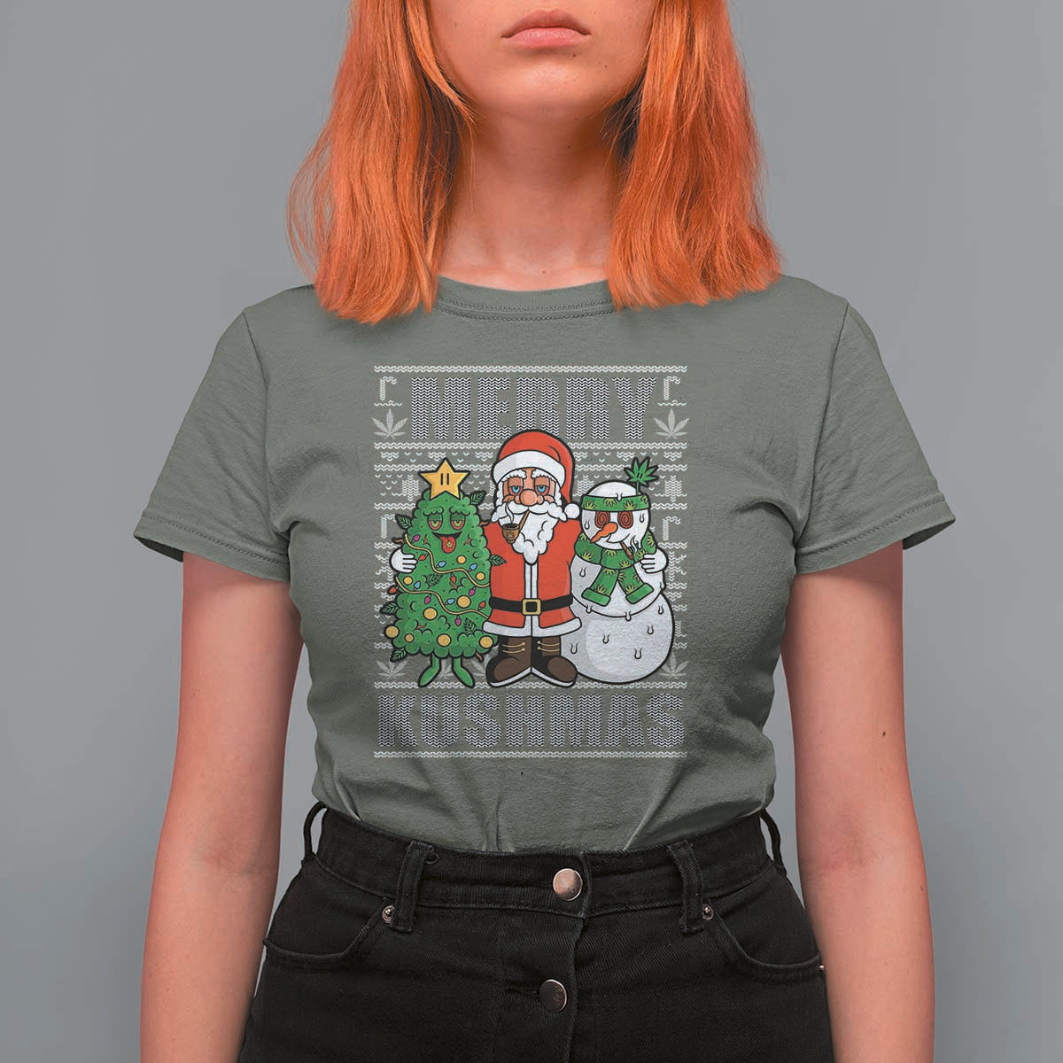 Funny Weed Christmas T Shirt For Women Merry Kushmas Naughty Santa Snowman Cannabis 420 - Wonder Print Shop