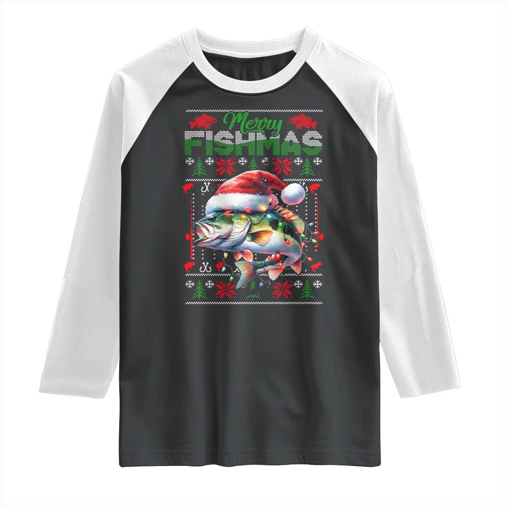 Christmas Fishing Raglan Shirt Merry Fishmas Fisherman Santa Hat Fish