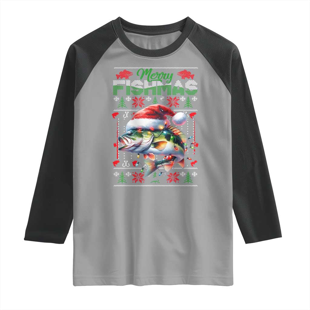 Christmas Fishing Raglan Shirt Merry Fishmas Fisherman Santa Hat Fish