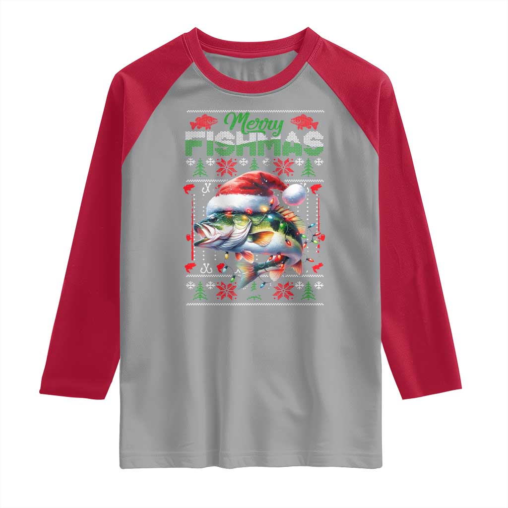 Christmas Fishing Raglan Shirt Merry Fishmas Fisherman Santa Hat Fish