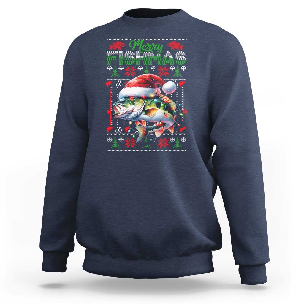 Christmas Fishing Sweatshirt Merry Fishmas Fisherman Santa Hat Fish - Wonder Print Shop