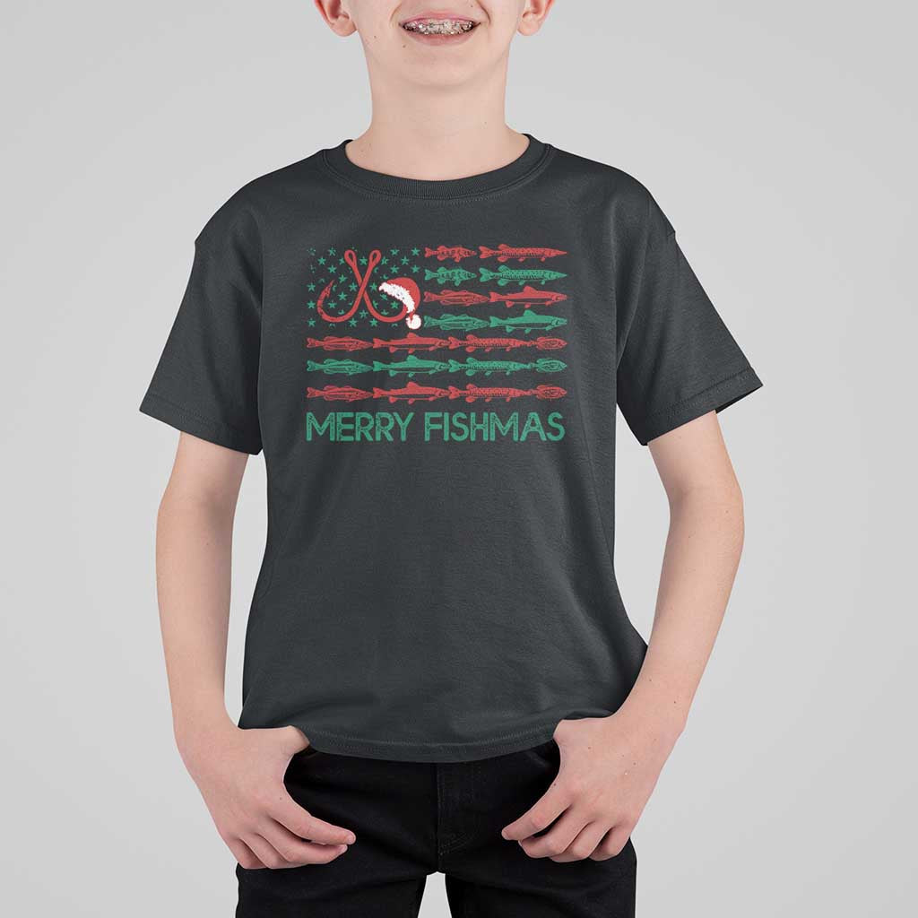 Christmas Fishing T Shirt For Kid Merry Fishmas Fisherman American Flag - Wonder Print Shop