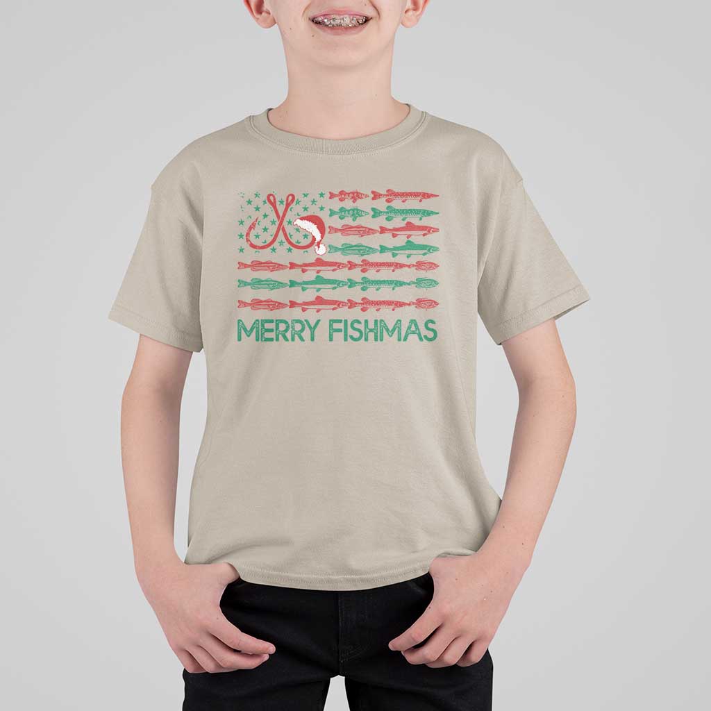 Christmas Fishing T Shirt For Kid Merry Fishmas Fisherman American Flag - Wonder Print Shop