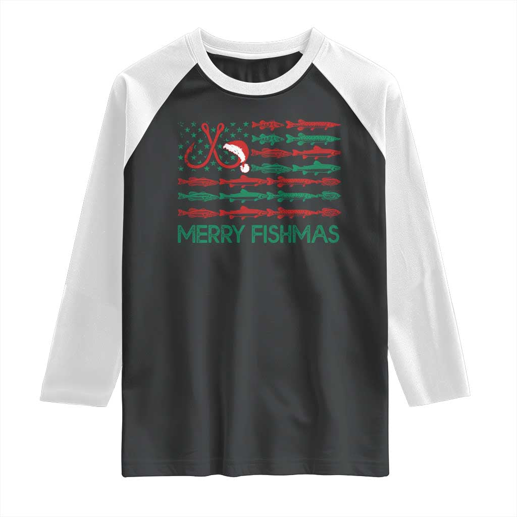 Christmas Fishing Raglan Shirt Merry Fishmas Fisherman American Flag