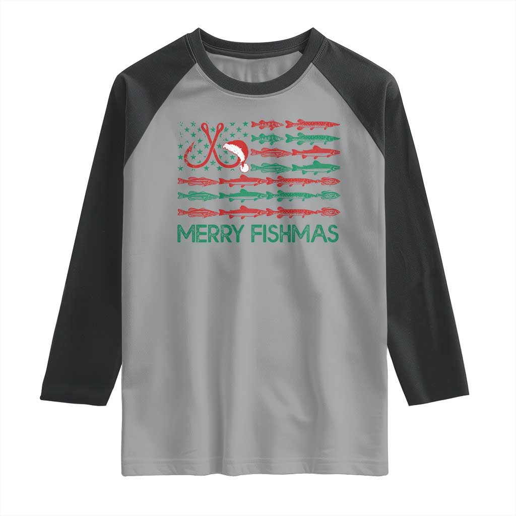 Christmas Fishing Raglan Shirt Merry Fishmas Fisherman American Flag