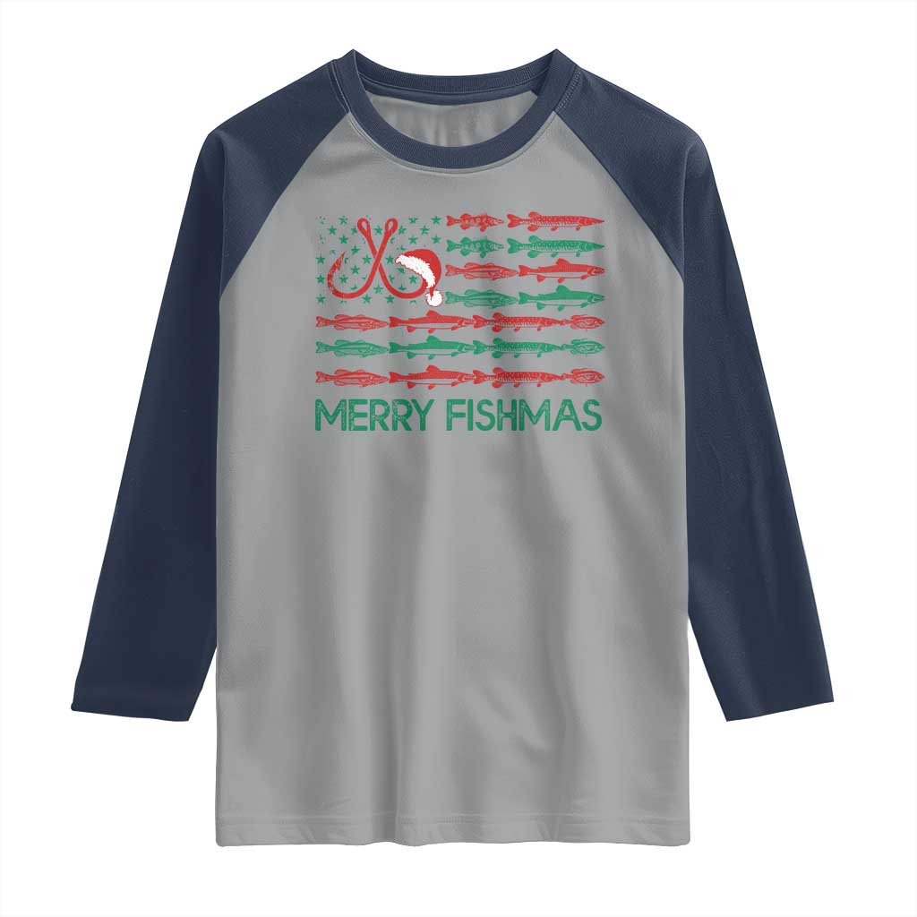 Christmas Fishing Raglan Shirt Merry Fishmas Fisherman American Flag