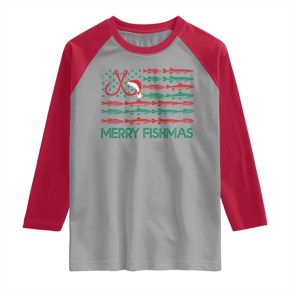 Christmas Fishing Raglan Shirt Merry Fishmas Fisherman American Flag