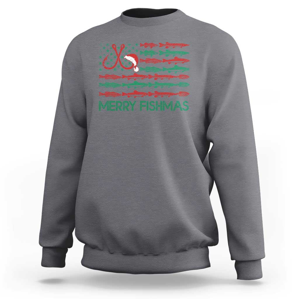 Christmas Fishing Sweatshirt Merry Fishmas Fisherman American Flag - Wonder Print Shop