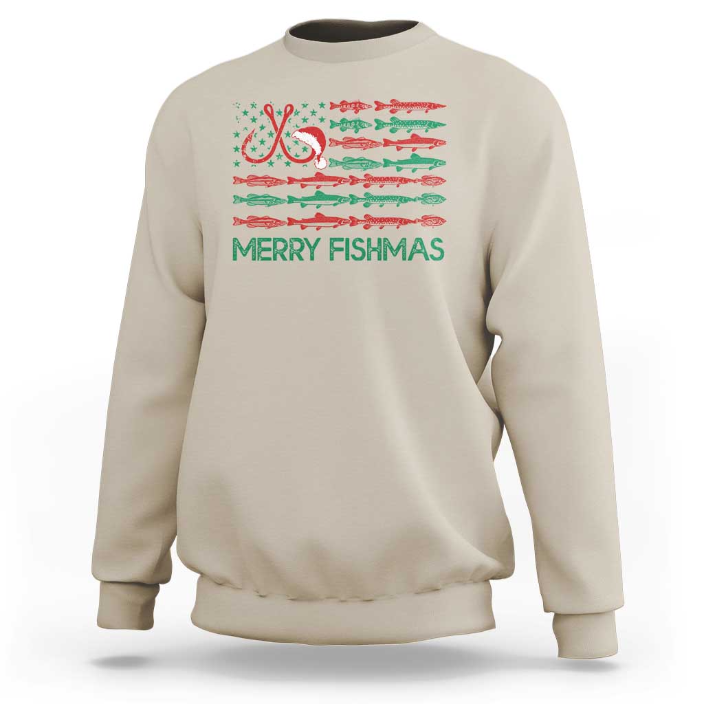 Christmas Fishing Sweatshirt Merry Fishmas Fisherman American Flag - Wonder Print Shop
