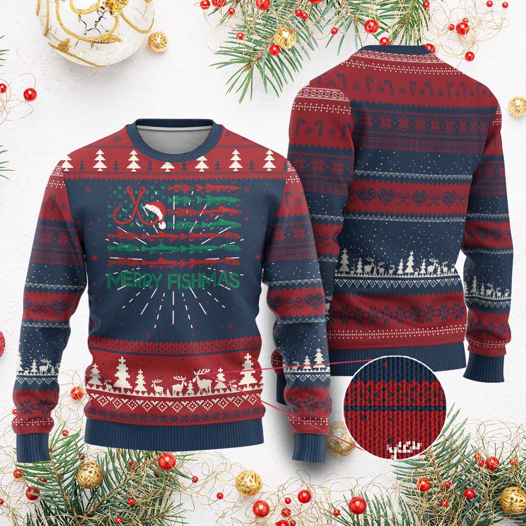 Xmas Fishing Ugly Christmas Sweater Merry Fishmas Fisherman American Flag - Wonder Print Shop